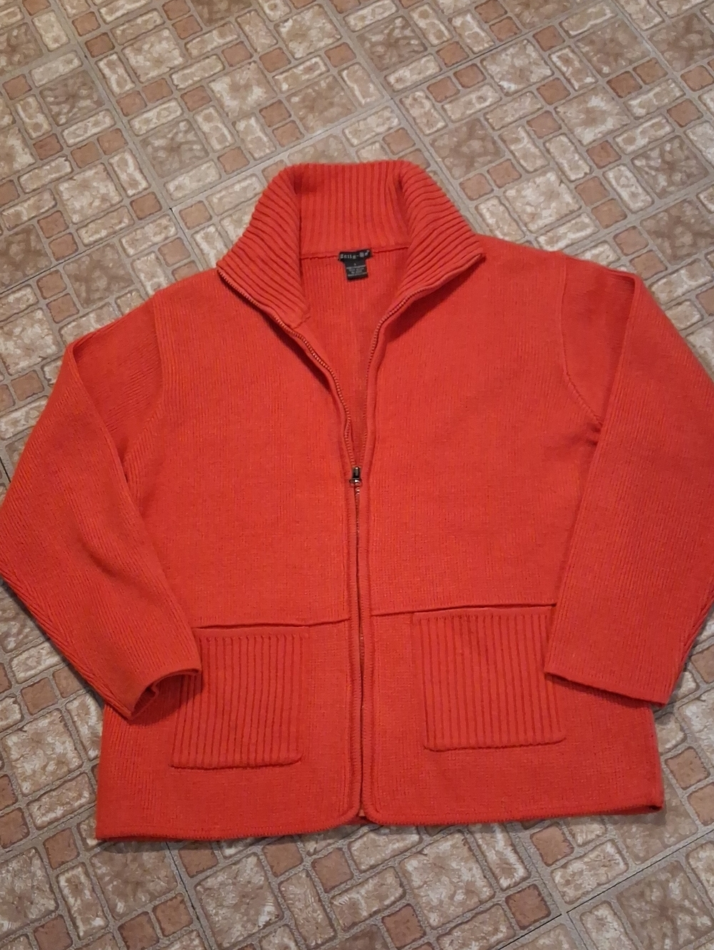 Tally Ho Orange Zip Front Knit Cardigan Size Large